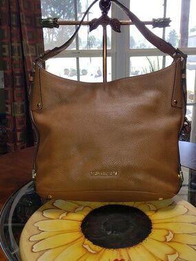 💘🖤💘 Michael Kors Lydia Pebble Leather Hobo Shoulder Bag Tan Gold‎ MK Logo